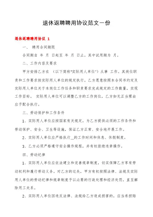 退休返聘聘用协议范文一份