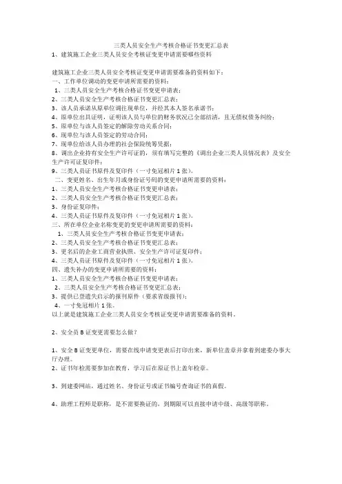 三类人员安全生产考核合格证书变更汇总表安全生产