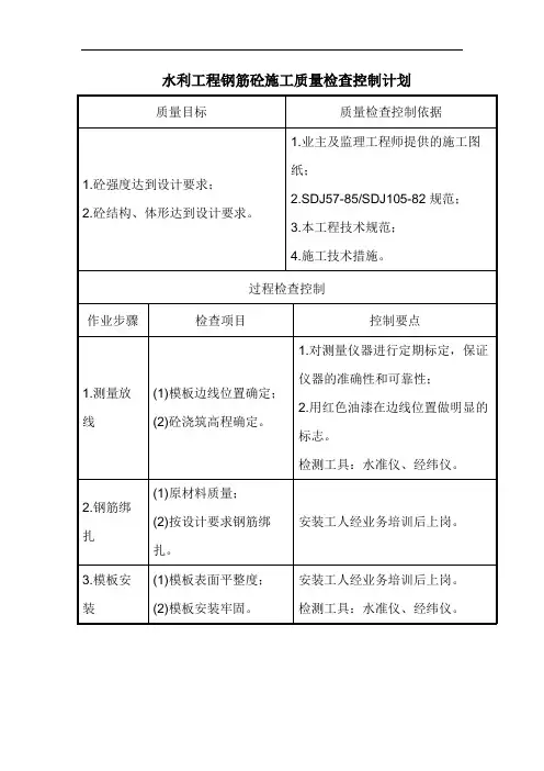 水利工程钢筋砼施工质量检查控制计划