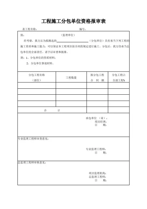 工程施工分包单位资格报审表