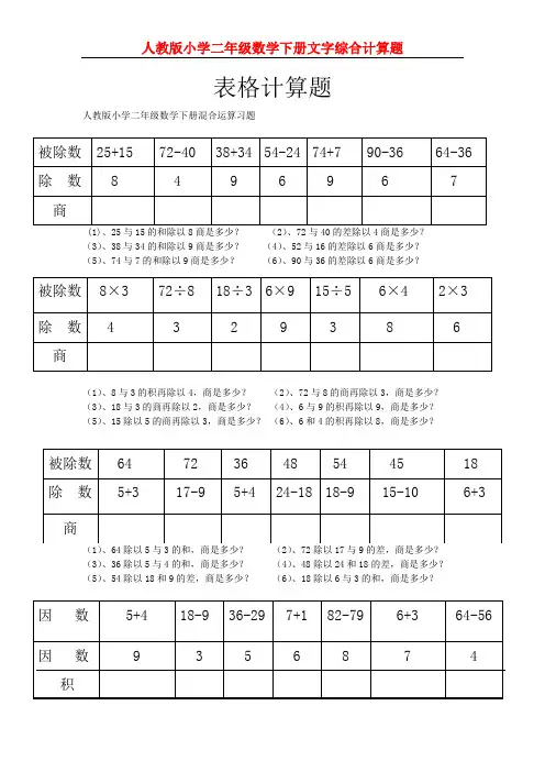 人教版小学二年级数学下册文字综合计算题