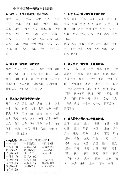 小学语文一年级上册听写词语表