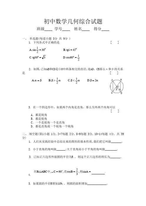 初中数学几何综合试题1及答案