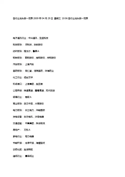 各行业龙头股一览表