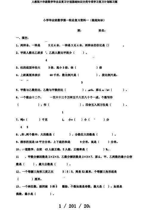 人教版六年级数学毕业总复习计划基础知识分类专项学习复习计划练习题