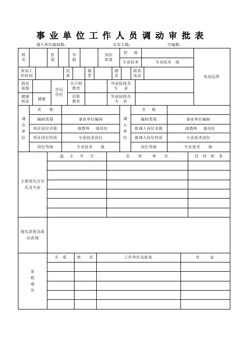 事业单位工作人员调动审批表上报人社局版本