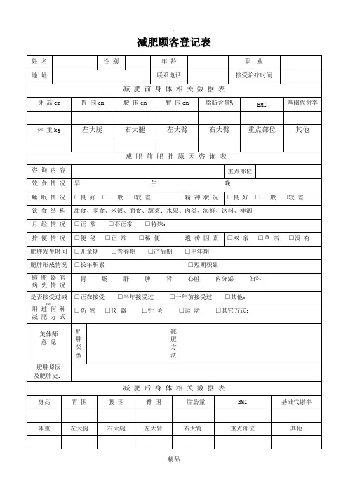 减肥顾客登记表