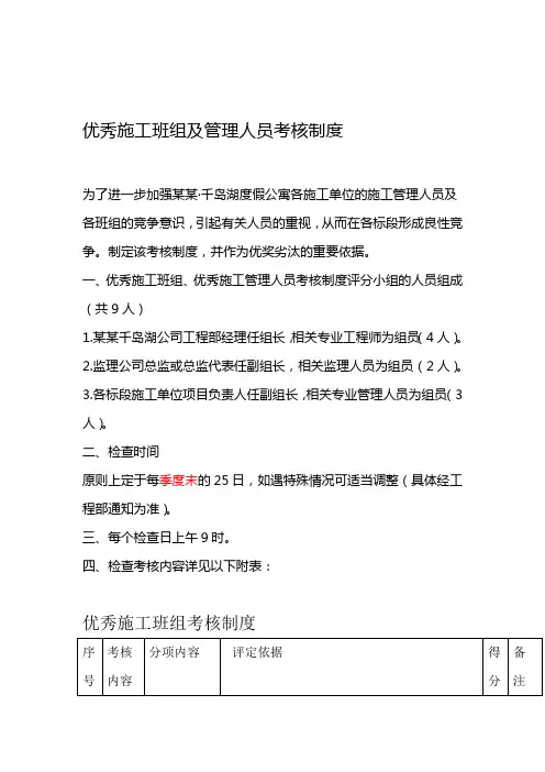 优秀施工班组考核制度