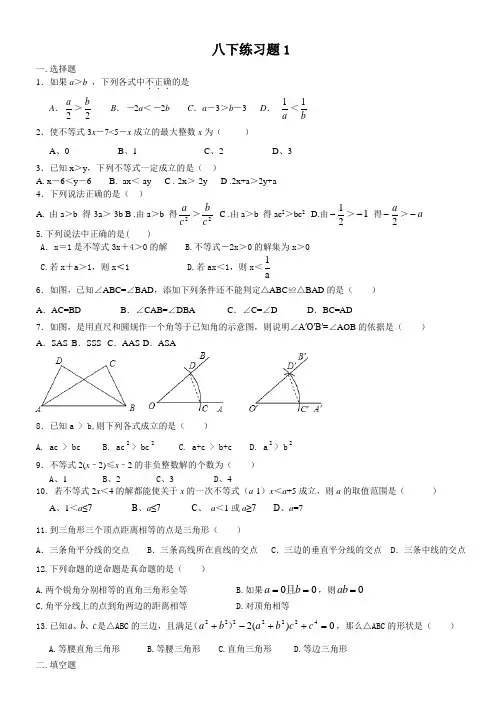 北师大版八下数学不等式练习题2套