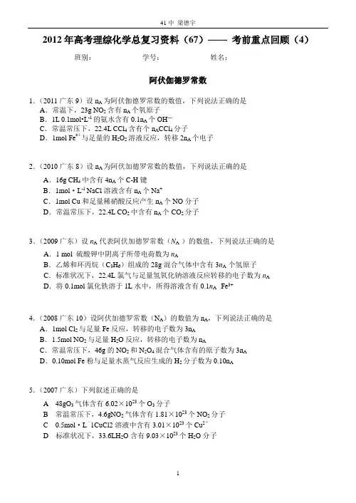 2012年高考理综化学总复习资料(67)—— 考前重点回顾(4)