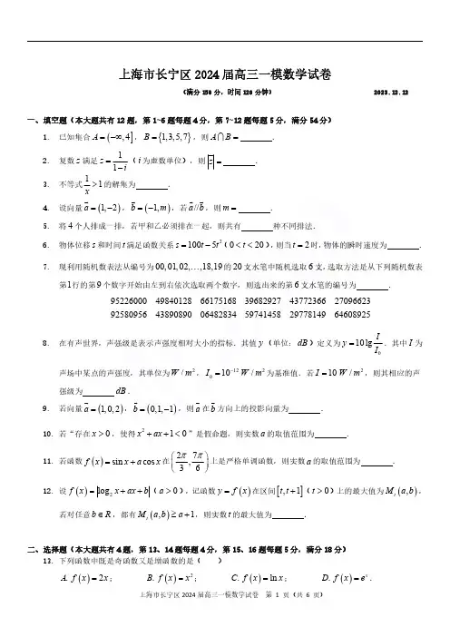 2024届上海市长宁区高三一模数学试题及答案