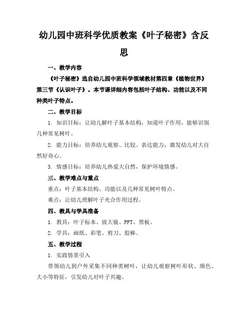 幼儿园中班科学优质教案《叶子的秘密》含反思