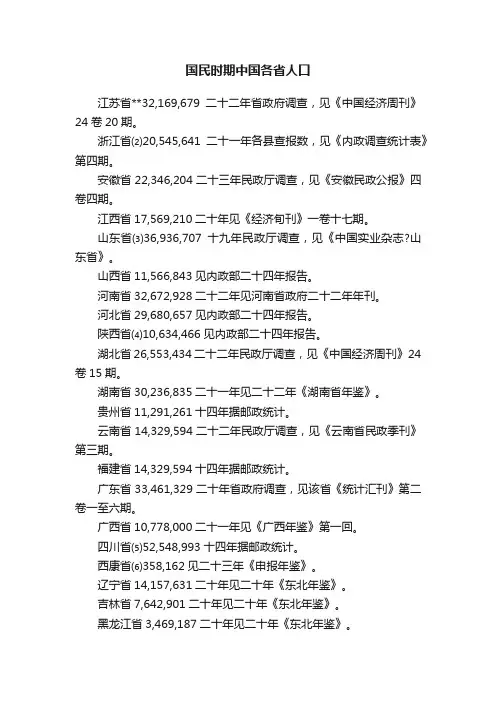 国民时期中国各省人口