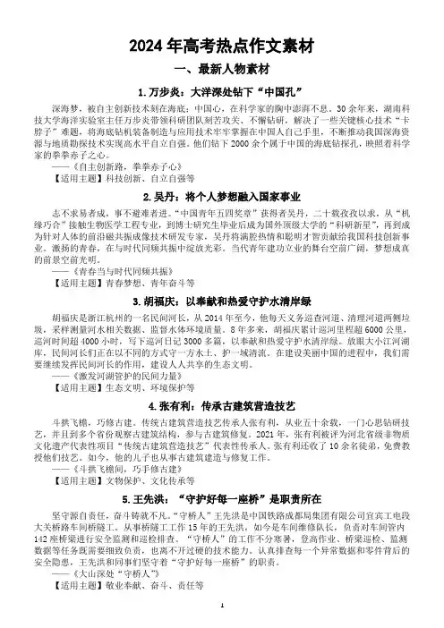 高中语文2024年高考热点作文素材 (最新人物素材+三元思辨类作文速成模板)