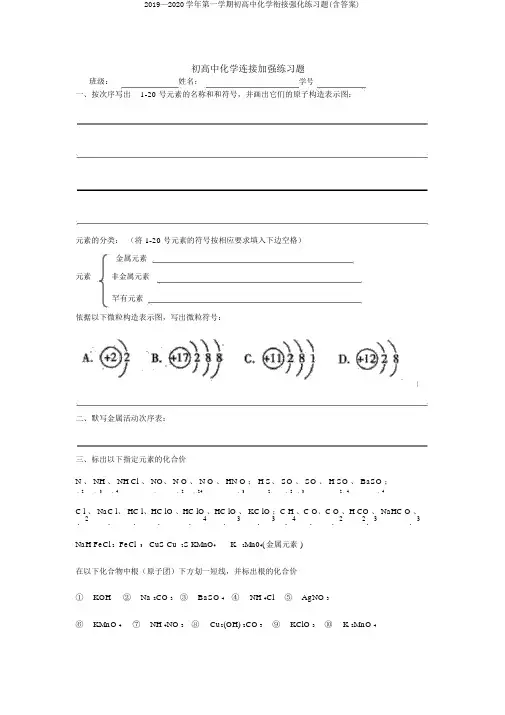 2019—2020学年第一学期初高中化学衔接强化练习题(含答案)