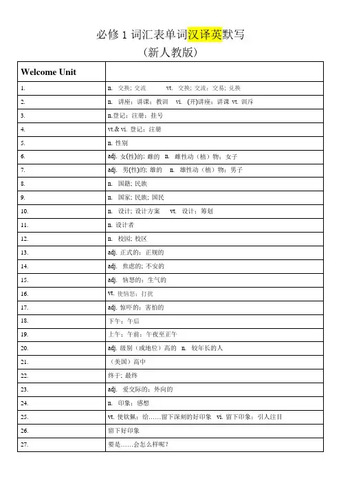 必修1词汇表单词汉译英默写(新人教版)