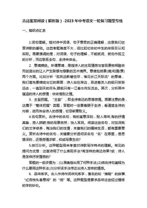 古诗鉴赏阅读（解析版）-2023年中考语文一轮复习题型专练