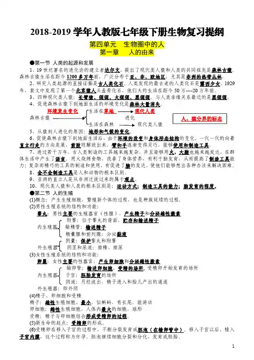 ★七年级下册生物(2018-2019学年人教版)复习提纲