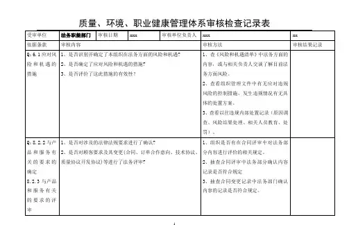 质量、环境、职业健康管理体系审核检查记录表模板-法务职能部门