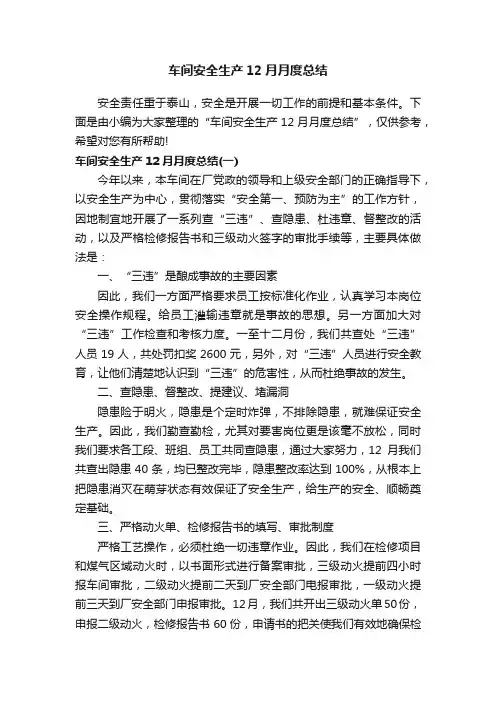 车间安全生产12月月度总结