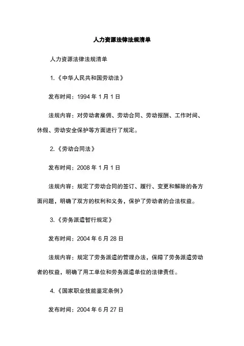 人力资源法律法规清单