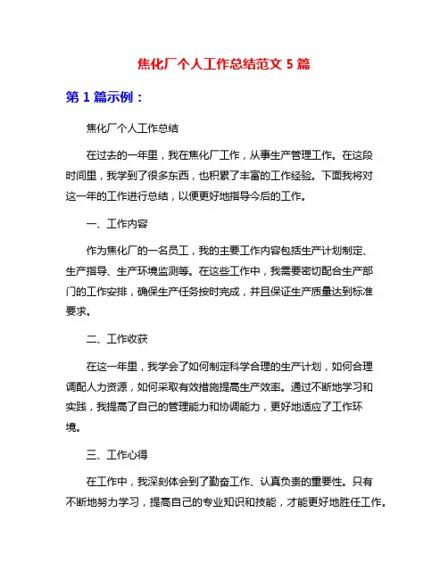焦化厂个人工作总结范文5篇