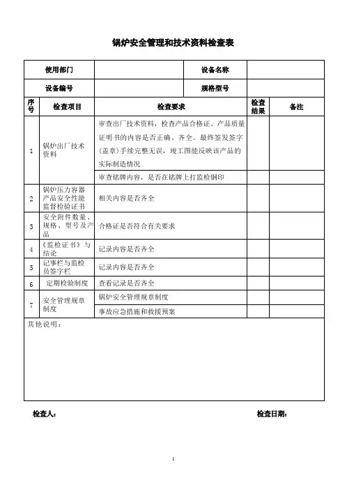 锅炉安全安全检查表
