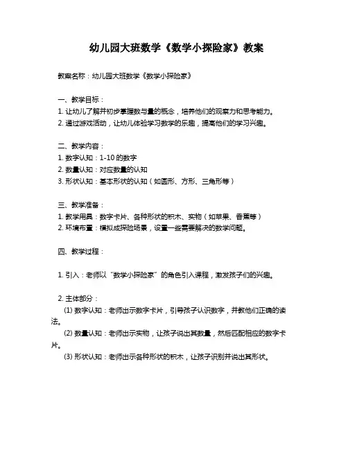幼儿园大班数学《数学小探险家》教案