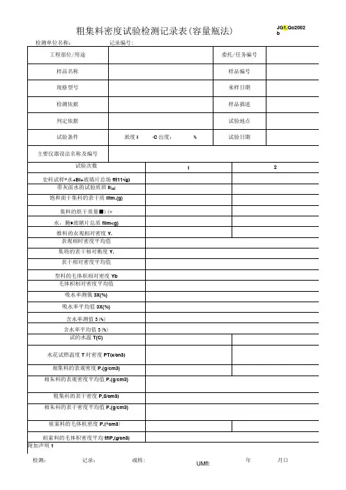 粗集料密度试验检测记录表(容量瓶法)