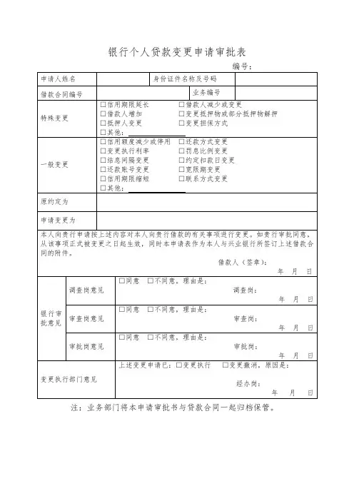 银行个人贷款变更申请审批表模版