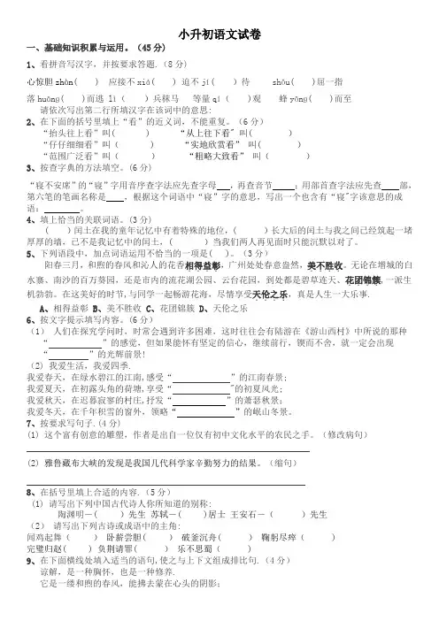 2017年小升初语文试卷及答案