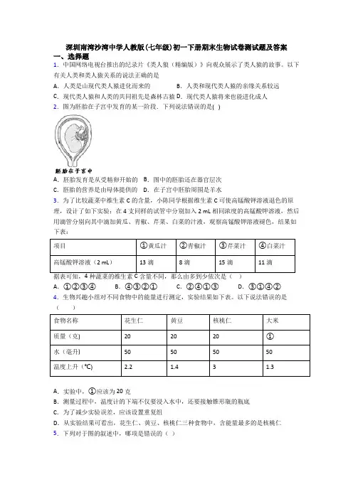 深圳南湾沙湾中学人教版(七年级)初一下册期末生物试卷测试题及答案