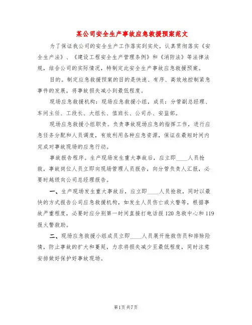 某公司安全生产事故应急救援预案范文(2篇)