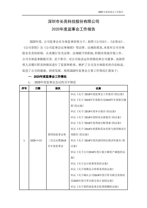 300348长亮科技：2020年度监事会工作报告
