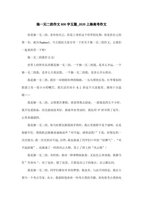 独一无二的作文800字五篇_2020上海高考作文