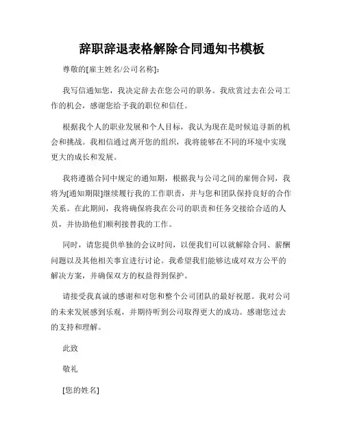 辞职辞退表格解除合同通知书模板
