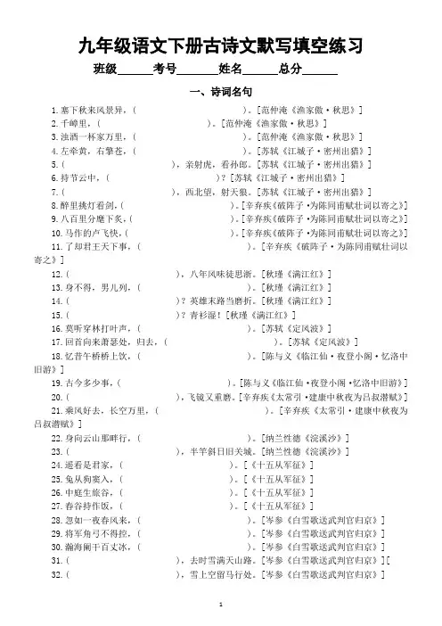 初中语文部编版九年级下册古诗文默写填空练习(附参考答案)