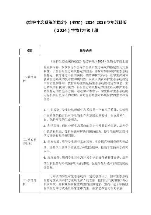 《维护生态系统的稳定》(教案)-2024-2025学年苏科版(2024)生物七年级上册