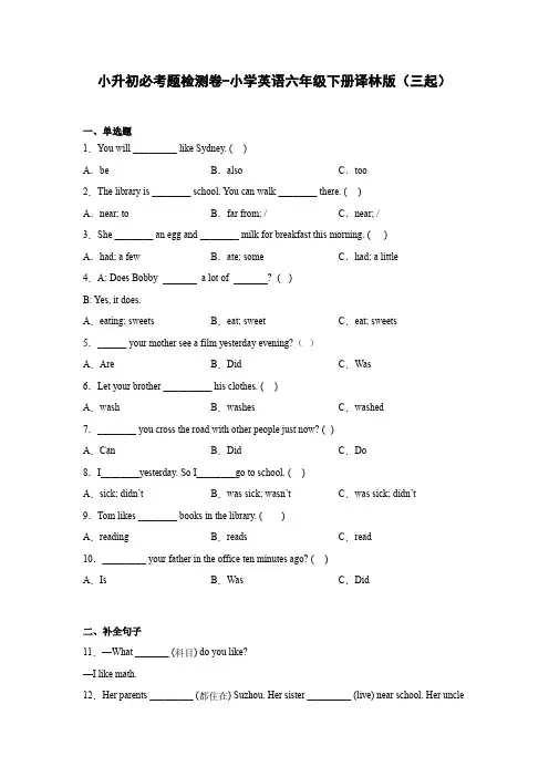 小升初必考题检测卷-小学英语六年级下册译林版(三起)