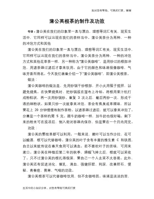 蒲公英根茶的制作及功效
