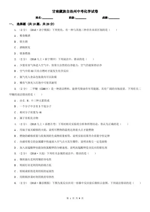 甘南藏族自治州中考化学试卷  