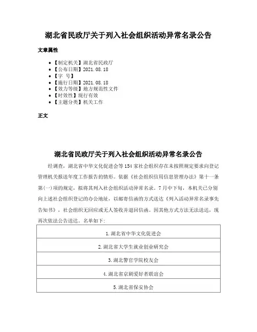 湖北省民政厅关于列入社会组织活动异常名录公告