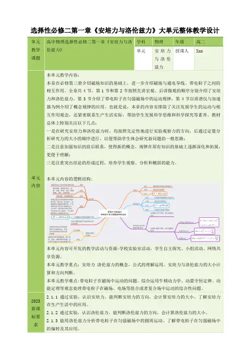 第一章《安培力与洛伦兹力》大单元整体教学设计-(人教版2019选择性必修第二册)