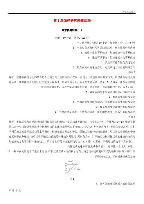 精品2019学年高中物理第1章怎样研究抛体运动章末检测试卷沪科版必修2