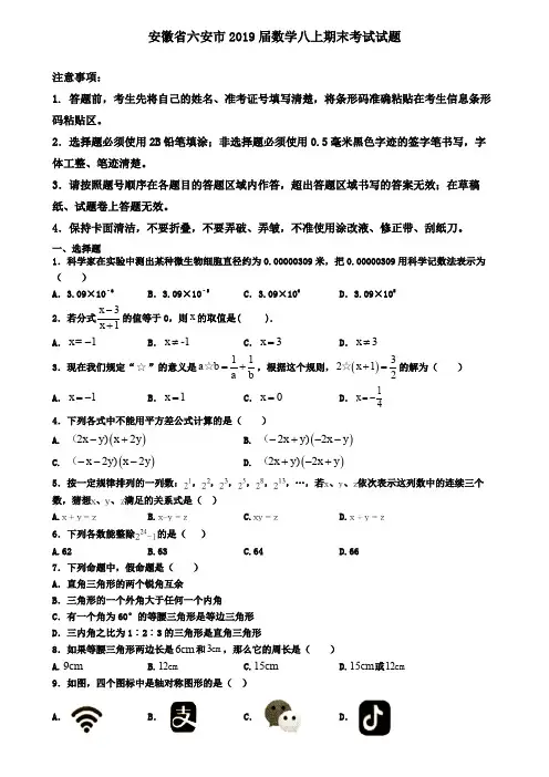 安徽省六安市2019届数学八上期末考试试题