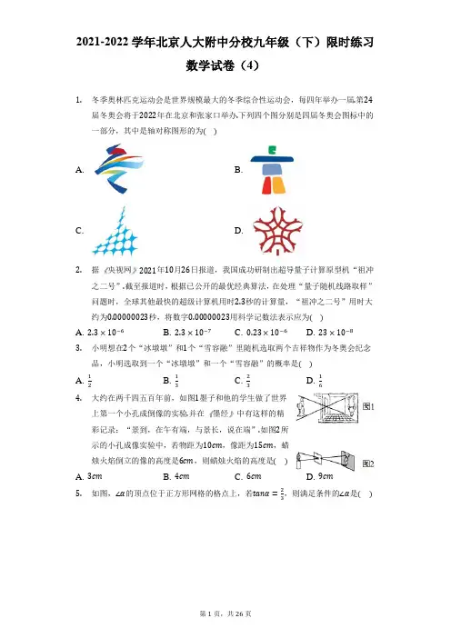2021-2022学年北京人大附中分校九年级(下)限时练习数学试卷(4)(附答案详解)