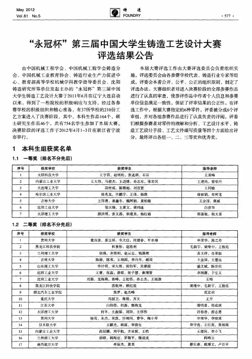 “永冠杯”第三届中国大学生铸造工艺设计大赛评选结果公告