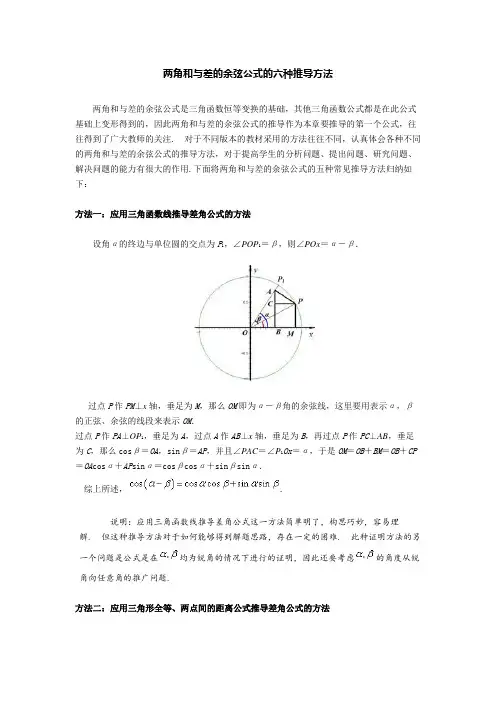 2017-2018人教版高中数学专题复习  两角和与差的余弦公式的六种推导方法
