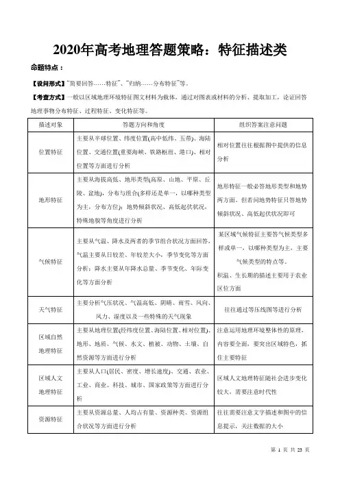 2020年高考地理答题策略与模拟好题高考真题剖析：特征描述类
