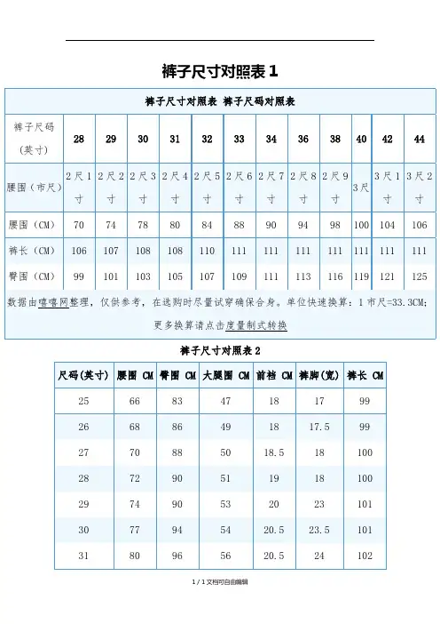 牛仔裤尺码对照表